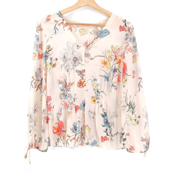 Rebecca Taylor 100%Silk Long Tie Sleeve Meadow Floral Top Pink Combo V-neck 2 - Picture 2 of 15